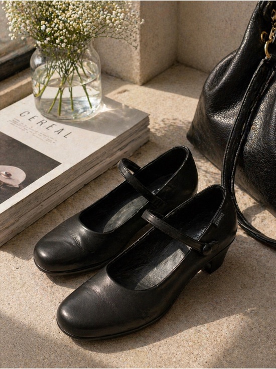 Camper Shoes - Camper Black Leather Mary Jane Heels – Classic Minimal Low Heel